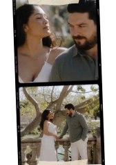 Cinematic film-strip style portrait of a couple in a sunny park in Barcelona