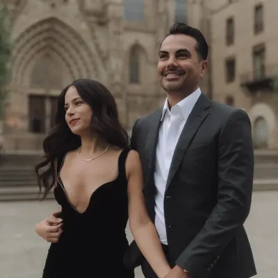 Ashley and Edgar walking together in front of Barcelona Cathedral during their Gothic Quarter couple photoshoot.