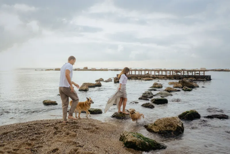 Couple exploring a rocky shoreline with their dogs, sharing a playful moment during a couples & engagements photoshoot.