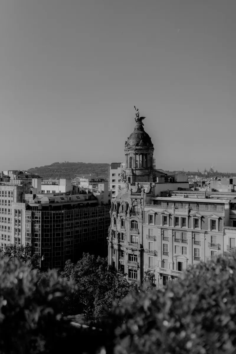 Historic city rooftop view in soft black and white, capturing elegant architecture at golden hour.